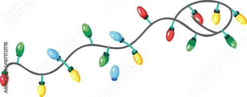 A colorful string of Christmas lights displayed against a plain white background.
