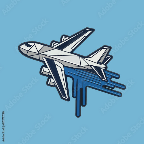 Geometric airplane illustration on blue background for travel and aviation.
