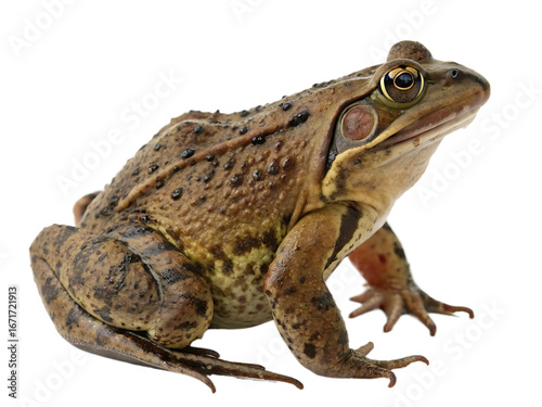 Detailed portrait of a brown American bullfrog posing against a black background showcasing its intricate skin texture and vibrant golden eyes reflecting its natural habitat and amphibian features
