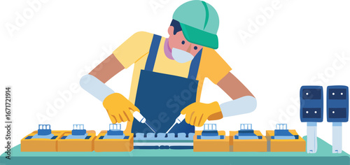 An illustration of a worker focused on a computer, typing and engaged in their tasks in a modern office setting.