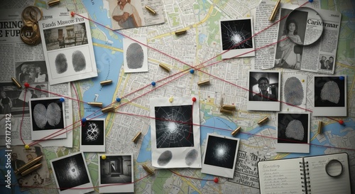 Intricate crime investigation board featuring photographs and forensic evidence arranged on a