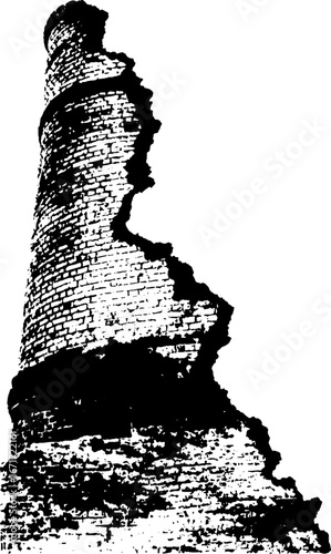 Grunge black and white illustration of a broken chimney for urban decay design