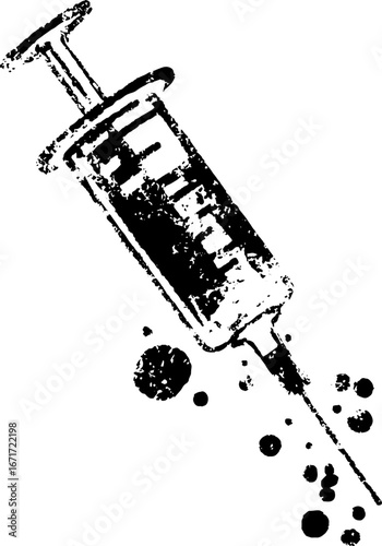 Grunge black and white syringe illustration with splatter effect for urban design