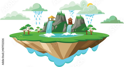 A scenic island featuring a waterfall cascading down rocks, with a charming house nestled among lush greenery.