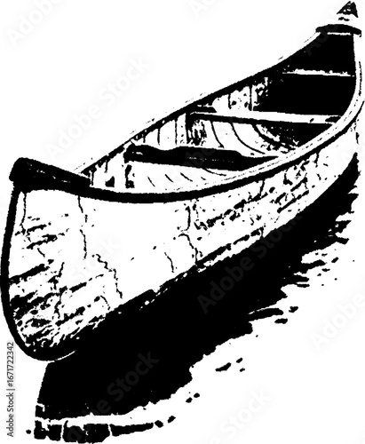 Grunge black and white illustration of cracked old canoe for vintage design projects