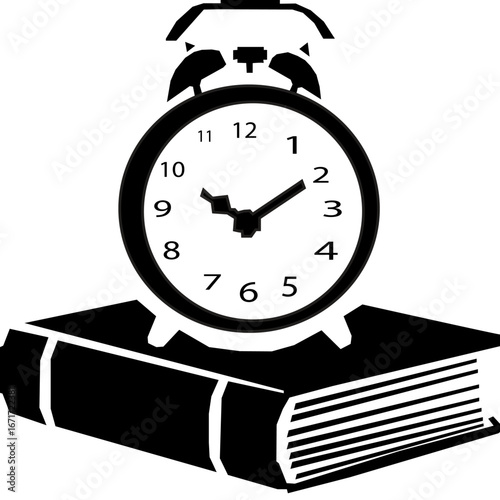 Classic alarm clock resting on an open book silhouette. On white background.