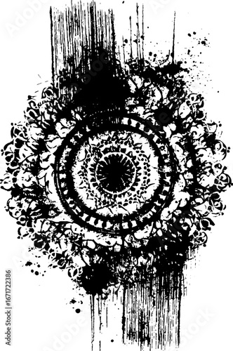 Abstract grunge black and white mandala with cracked texture design for art projects