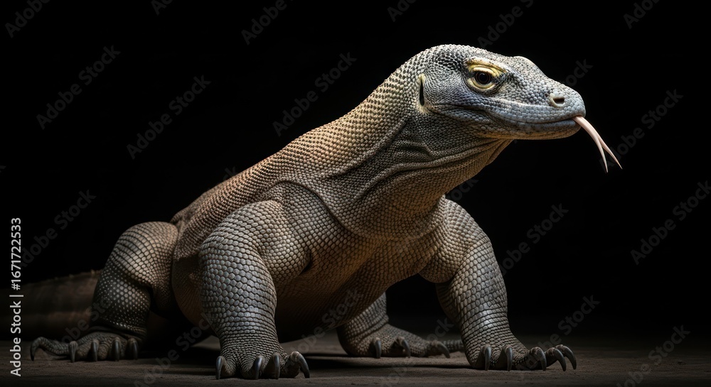 Obraz premium Majestic Komodo Dragon Portrait Captured in Striking Detail with black background