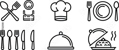 Flat vector, dining icons, food, restaurant, meal, cuisine, kitchen, utensils, chef hat, cloche, plate, fork, knife, spoon, serving, cooking, hot dish, catering, gourmet, tableware, culinary
