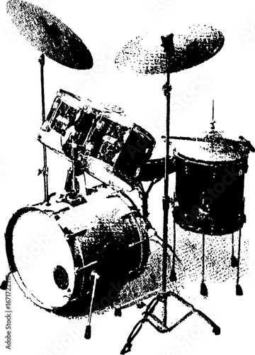 Grunge black and white drum set illustration for music-themed designs