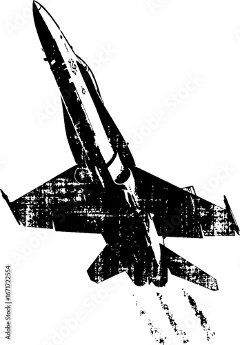 Dynamic grunge black and white illustration of a fighter jet in flight for urban design projects