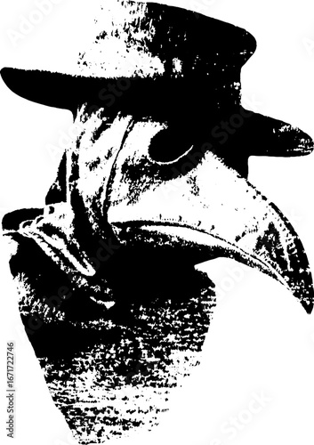 Mysterious grunge black and white plague doctor design for posters and urban art