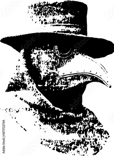 Grunge black and white silhouette of plague doctor for urban art design