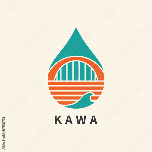 Kawa logo design featuring a bridge water drop and wave elements.