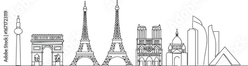 Famous Paris landmarks line art, Eiffel Tower sketch, Arc de Triomphe illustration, Notre Dame outline, modern city skyline, minimalist architecture, French cultural icon vector