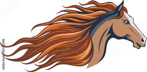 A horse head with flowing mane gallops gracefully, its hair billowing in the wind.