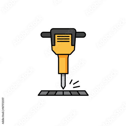 A vibrant flat design icon illustrates a powerful yellow jackhammer actively breaking apart a grey paved surface, symbolizing construction, demolition, and heavy-duty work.