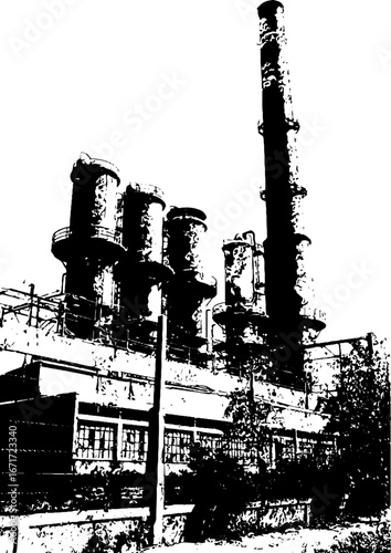 Black and white grunge illustration of abandoned industrial building