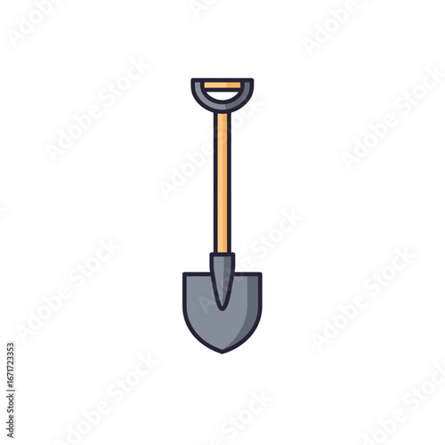 A clean vector illustration presents a classic garden shovel with a wooden handle and gray blade, symbolizing work, digging, and construction tasks.