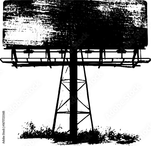 Grunge black and white illustration of abandoned billboard for urban design projects