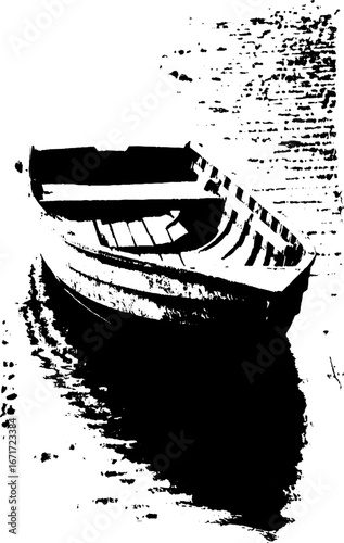 Rustic abandoned boat in black and white for vintage nautical design