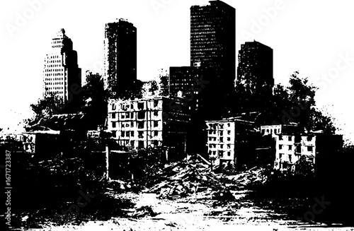 Grunge black and white illustration of abandoned urban buildings