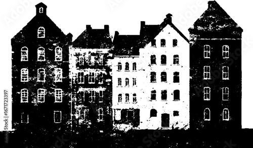 Grunge black and white urban scene of abandoned buildings for poster or design