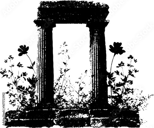 Black and white grunge illustration of ancient columns with floral accents for design and decoration