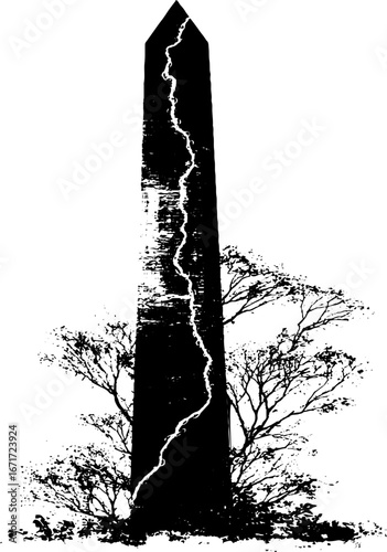Grunge black and white illustration of ancient obelisk with lightning crack motif