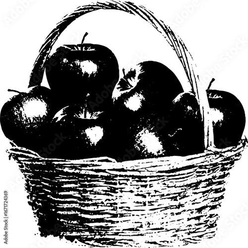 Grunge black and white apple basket illustration for design projects