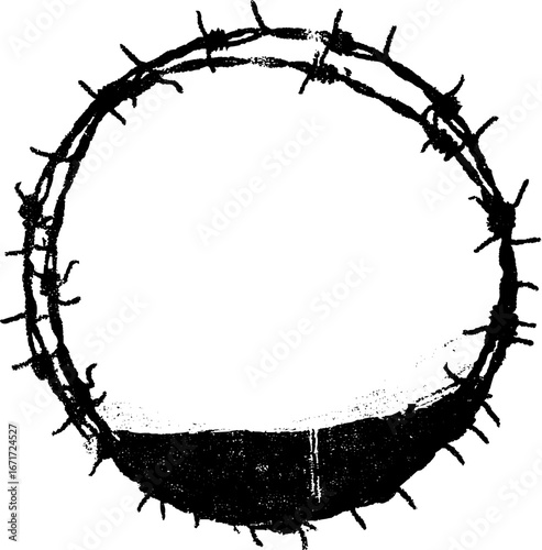 Grunge black and white barbed wire circle design for urban art and posters