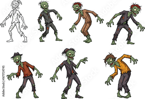 Cartoon zombie characters, green skin undead, horror illustration set, colorful monster designs, tattered clothes, scary expressions, Halloween clipart, game asset pack, undead apocalypse art