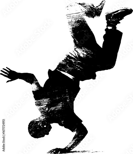Dynamic grunge black and white b-boy breakdance silhouette for urban art designs