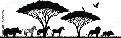 African wildlife silhouettes, lion zebra rhino warthog horse, acacia tree landscape, savanna safari animals, black vector design, nature illustration