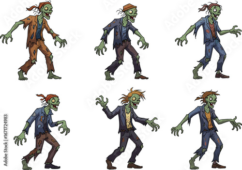 Cartoon zombie characters, scary undead monsters, walking dead, horror costumes, Halloween theme, green skin, tattered clothes, creepy expressions, spooky figures
