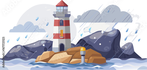 Vector illustration of a lighthouse standing strong amidst a stormy sea with dark clouds and crashing waves.