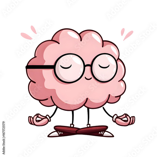Cute cartoon brain character wearing glasses meditating with closed eyes isolated on transparent background