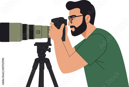 Professional male photographer using DSLR camera with telephoto lens on tripod, taking photo, flat vector illustration, bearded man in glasses, photography concept design