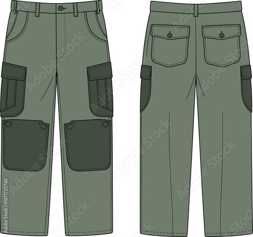 Flat vector CAD drawing of cargo pants with flap pockets, contrast panels, back view detailing, utility fashion, technical sketch design