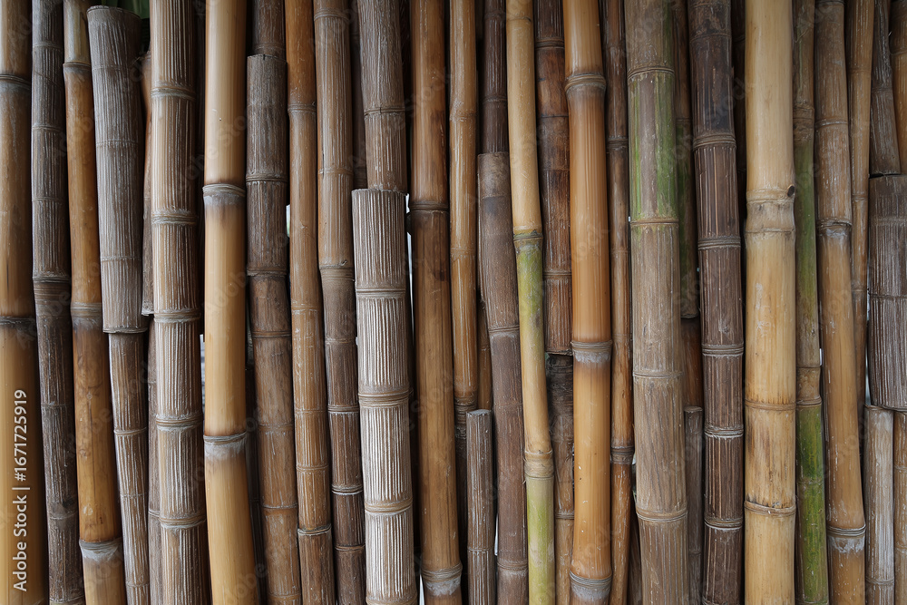 Fototapeta premium A combination of thin bamboo arranged vertically to form a decorative wall panel, modern minimalist design, natural feel