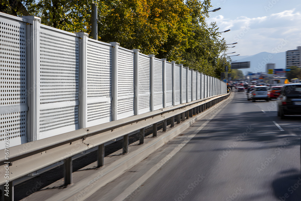 Obraz premium Soundproof fence with acoustic panels along the highway, protecting residential buildings in the microdistrict