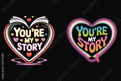 Heart shaped book with colorful text and hearts love