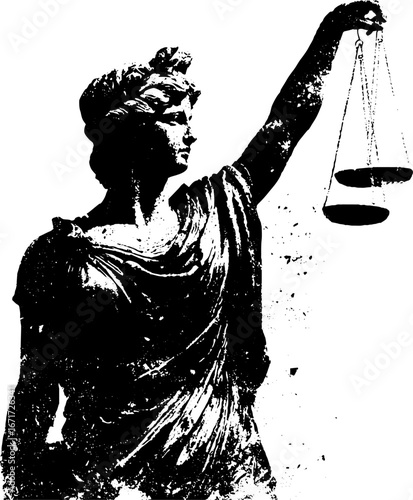 Grunge black and white silhouette of lady justice with scales - legal concept design