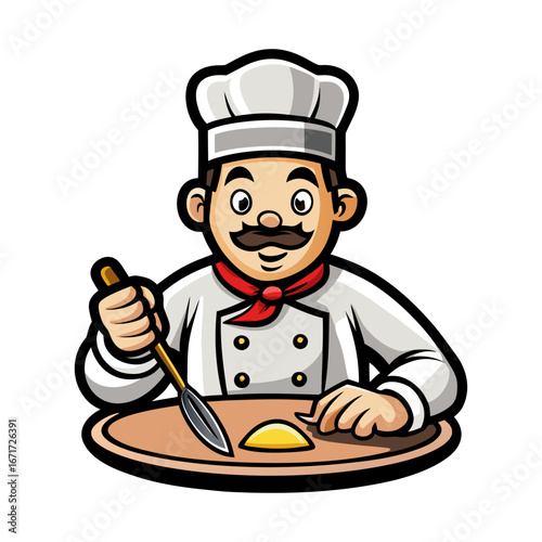 Professional chef carefully plating gourmet dish with precision tweezers, elegant culinary presentation, fine dining artistry, kitchen mastery vector illustration
