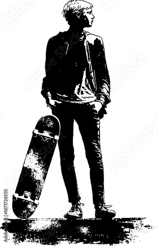 Urban skater silhouette with grungy texture - black and white design for street art and posters