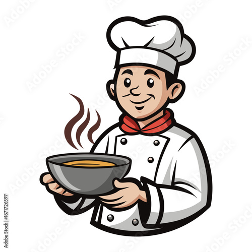 Vector Illustration of Friendly Chef Serving Hot Steaming Soup Bowl Perfect for Culinary, Restaurant, Kitchen, and Cooking Designs