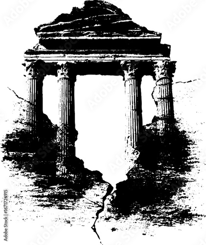 Grunge black and white illustration of broken ancient temple for artistic design