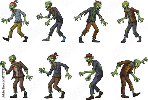 Cartoon zombies walking, creepy undead characters, Halloween illustration, scary green monsters, horror theme, tattered clothes, spooky creatures, zombie apocalypse