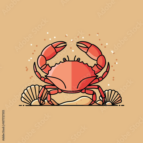 Red Crab with Claws and Shells on Sand.