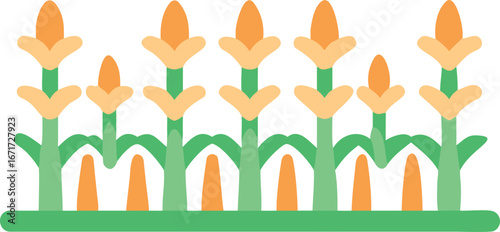 A vibrant corn field featuring lush green leaves and bright orange flowers blooming among the crops.